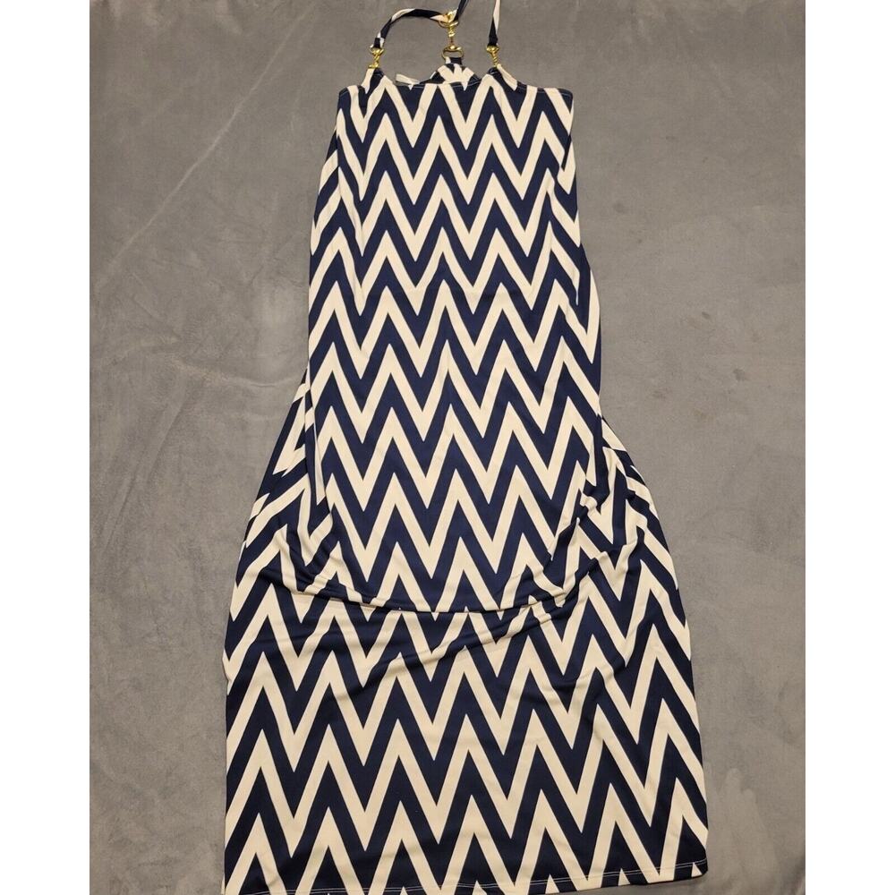 Julie Brown Navy & Ivory Zigzag Sleeveless Dress With Gold Hardware Accents Size